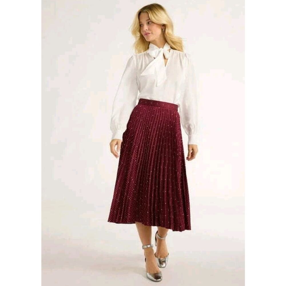 Free Assembly Pleated Micro Polka Dot Midi Skirt Sz L Maroon Crush NWT Feminine